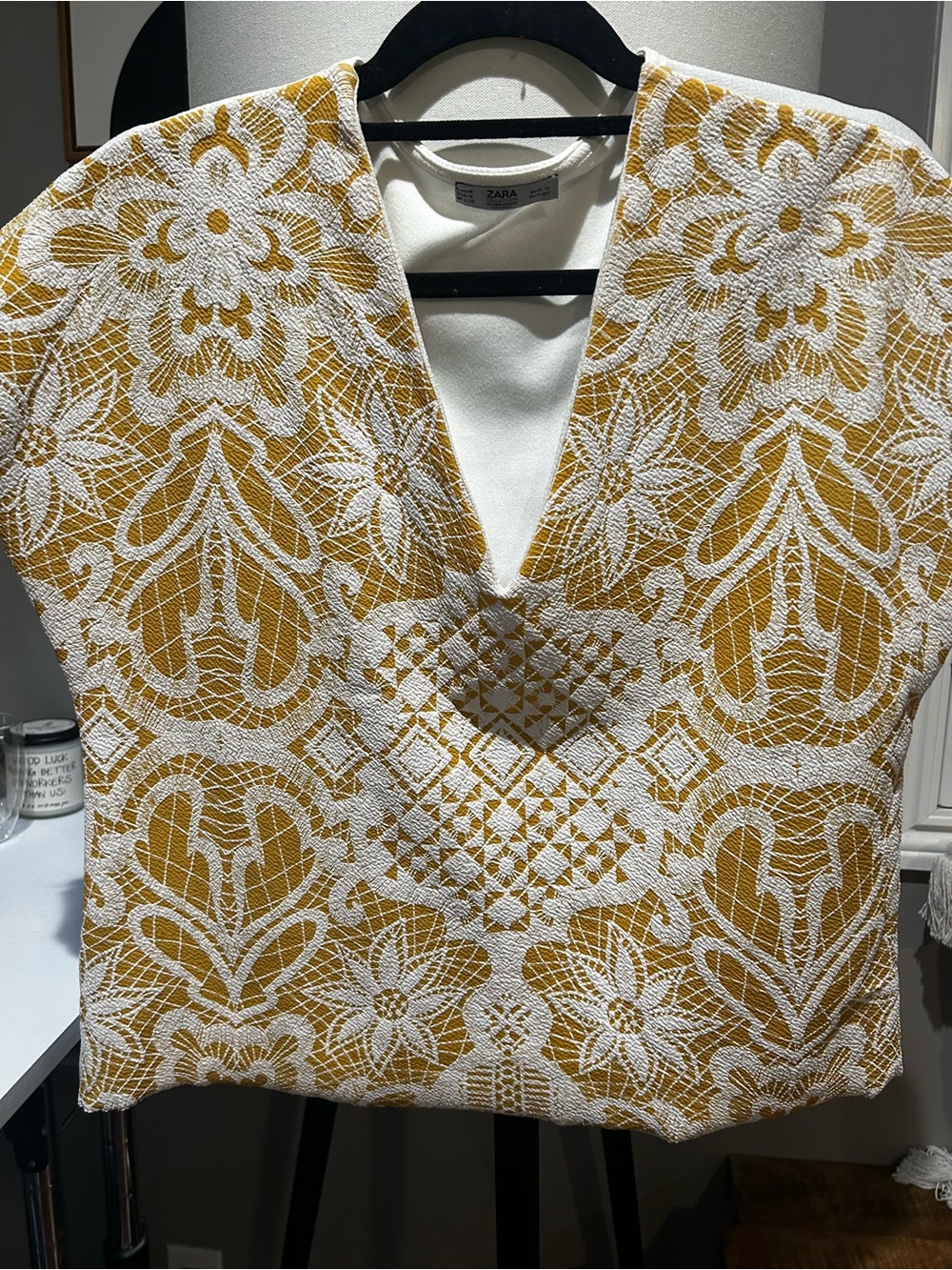 Zara Mustard and White V‑Neck Jacquard Tunic